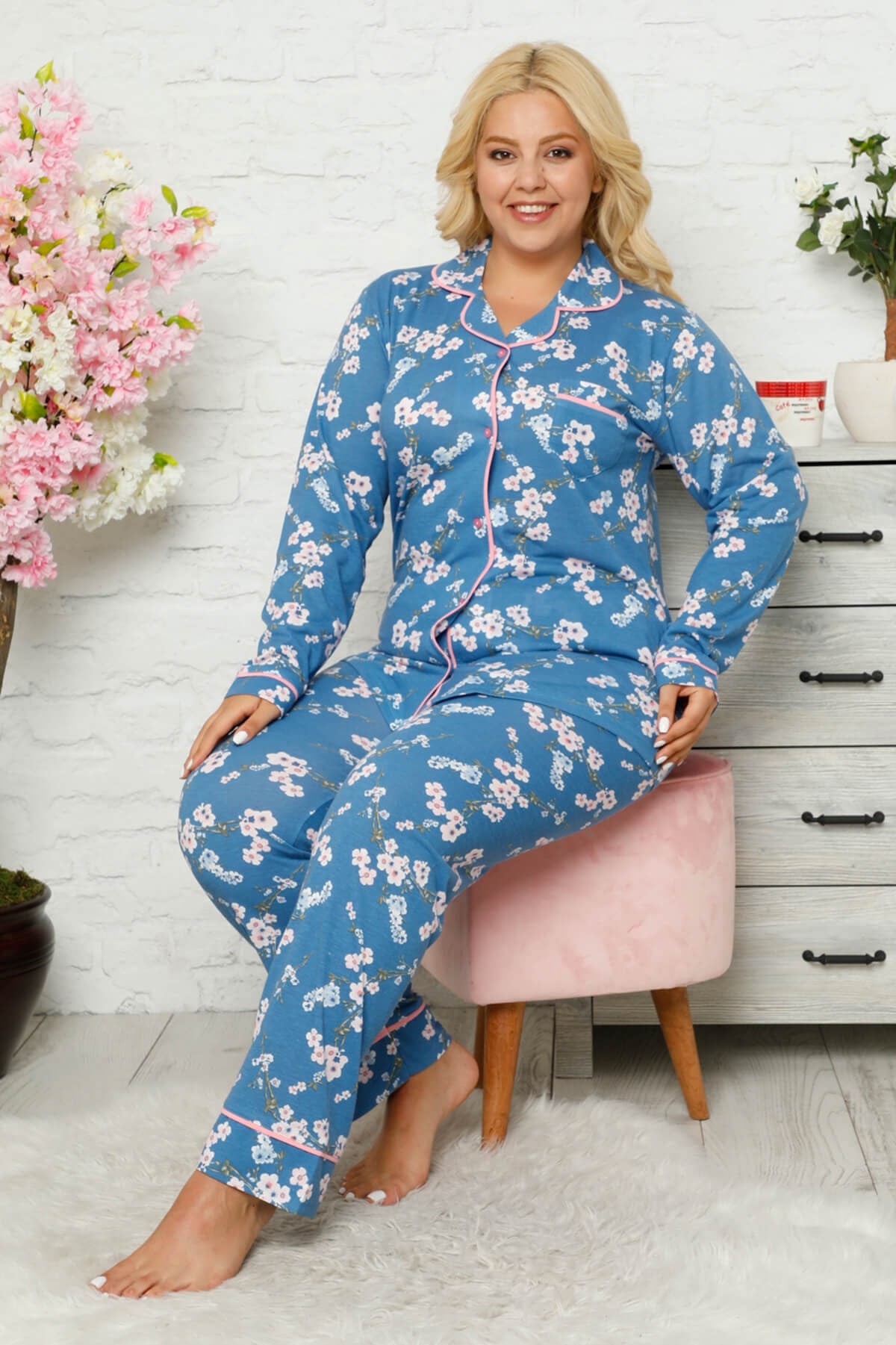 Düğmeli Battal Pijama Takımı Petrol