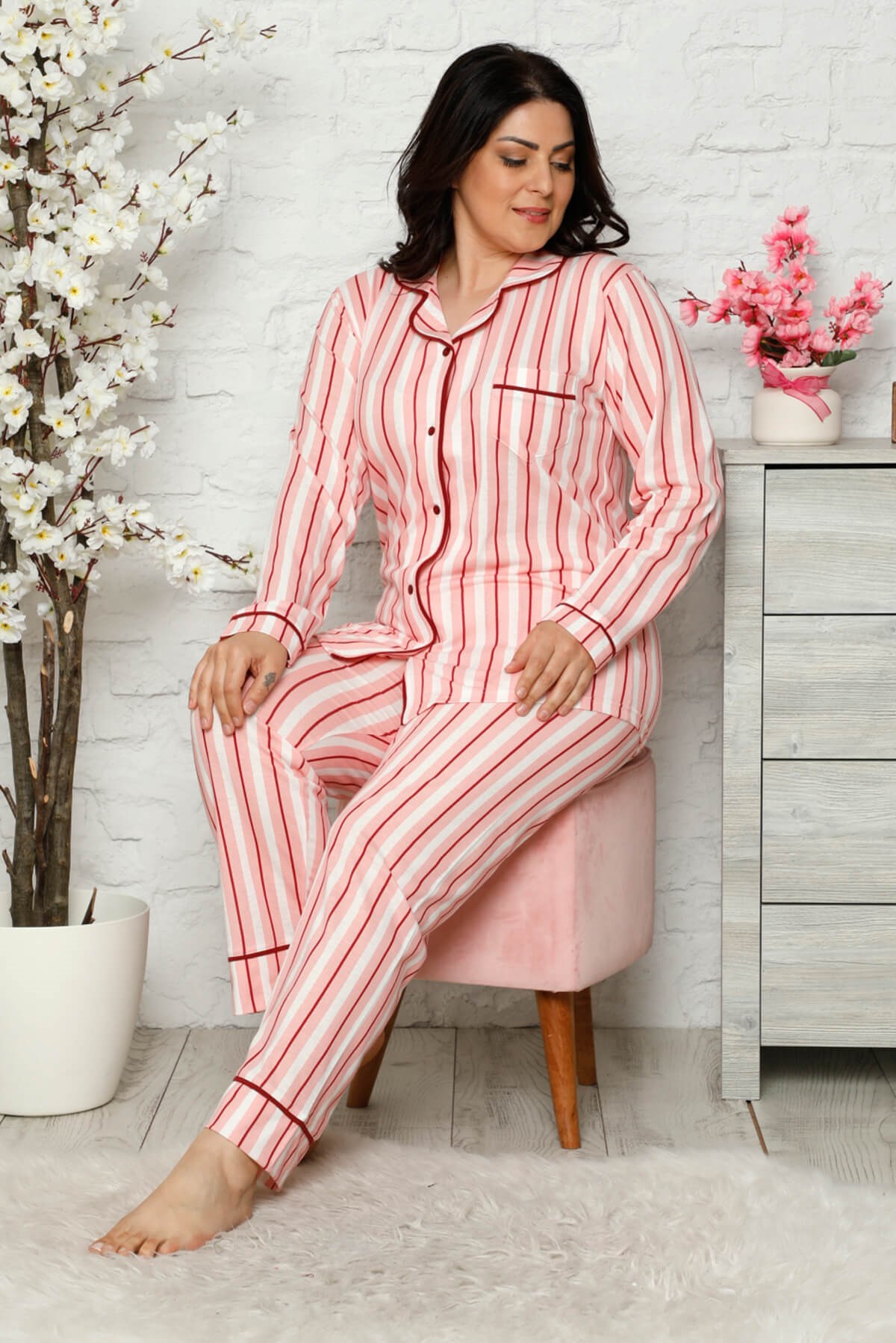 Düğmeli Battal Pijama Takımı Somon
