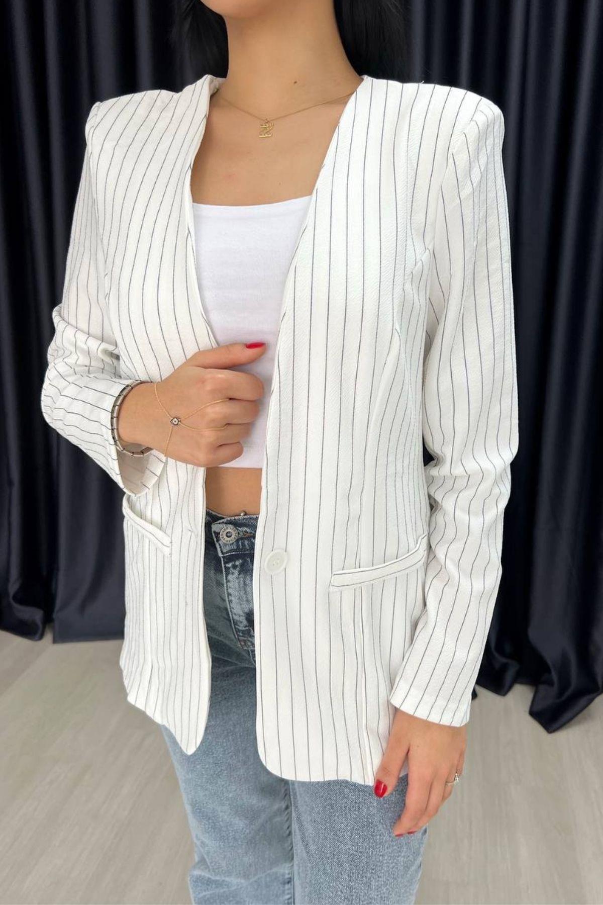 Düğmeli Çizgili Blazer Ceket Beyaz