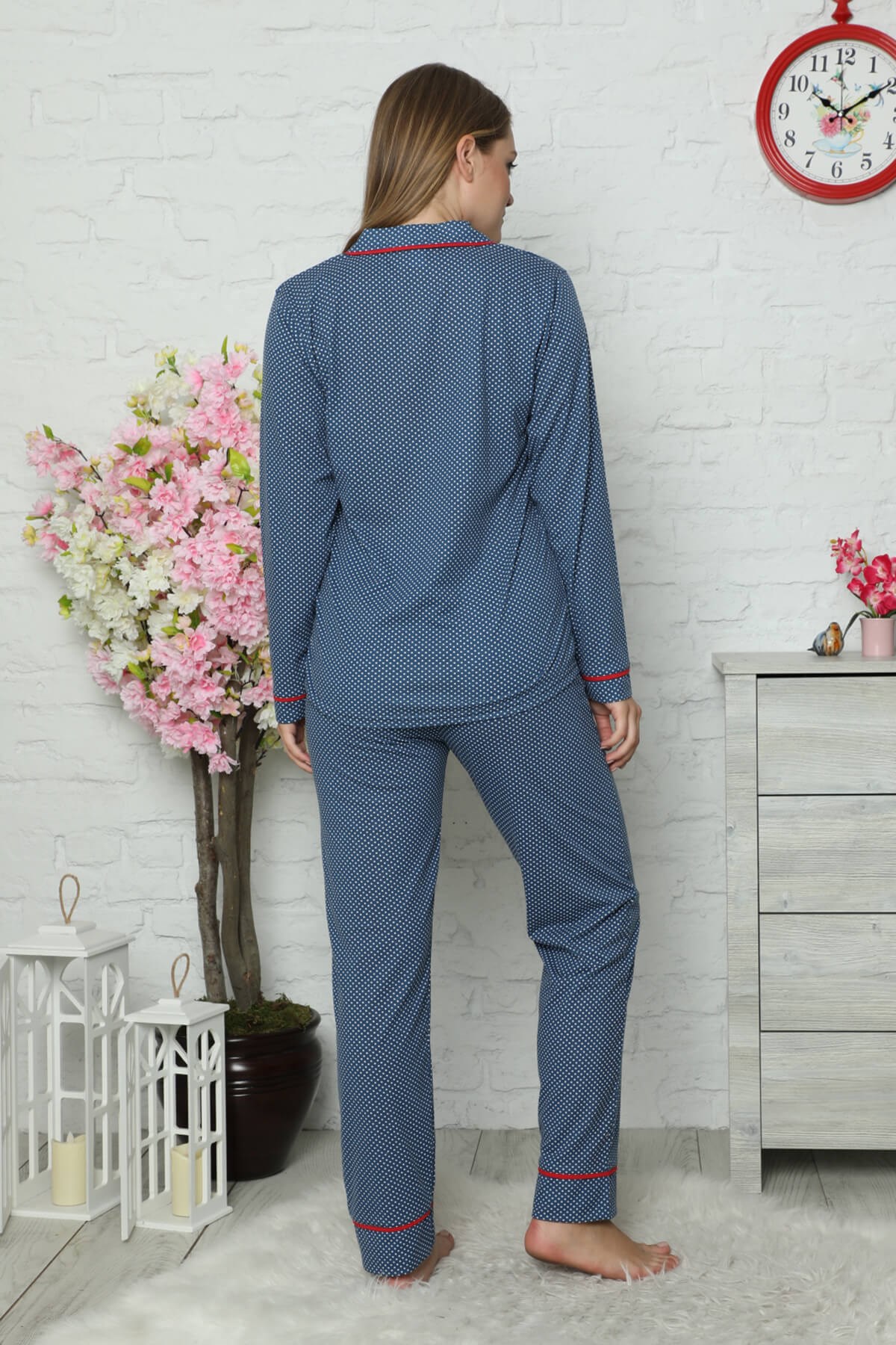 Düğmeli Kadın Pijama Takımı Lacivert