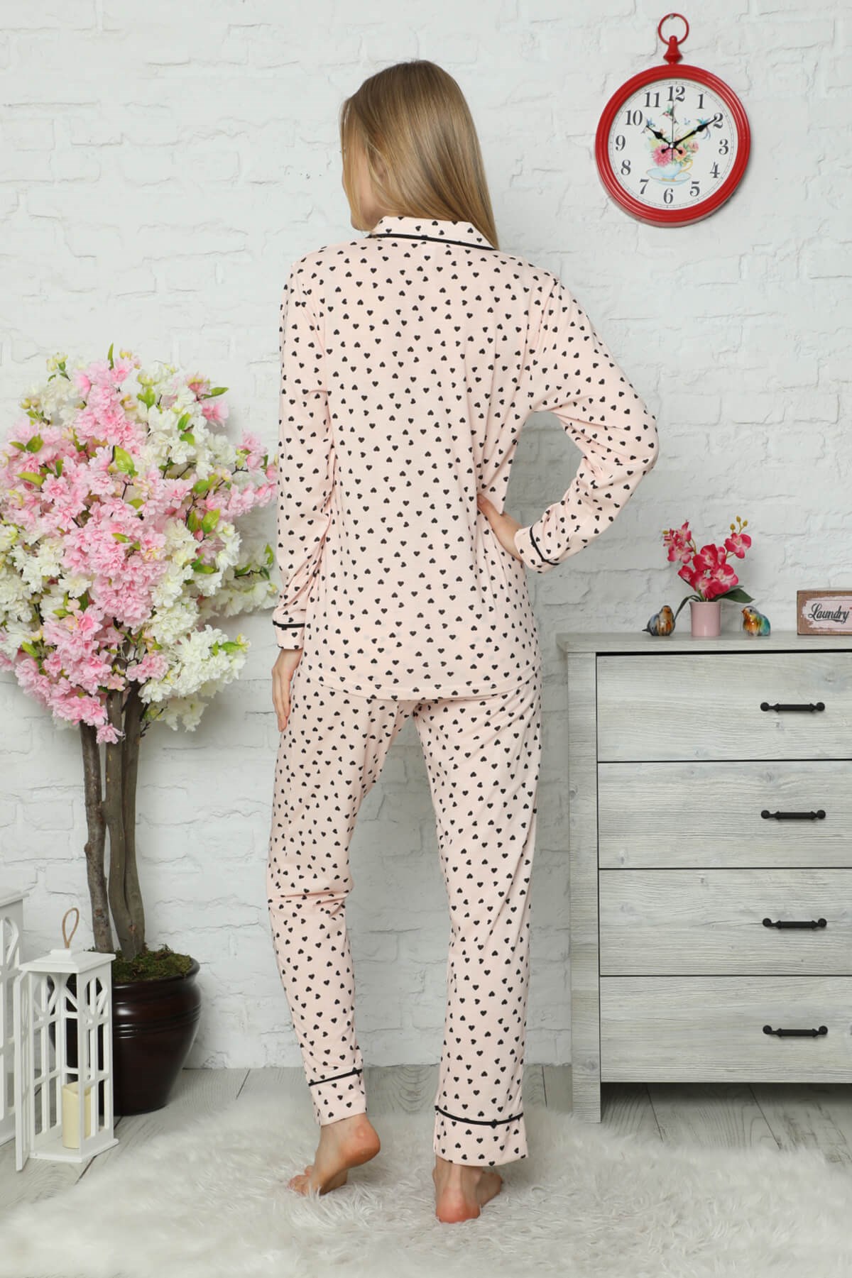 Düğmeli Kadın Pijama Takımı Pudra