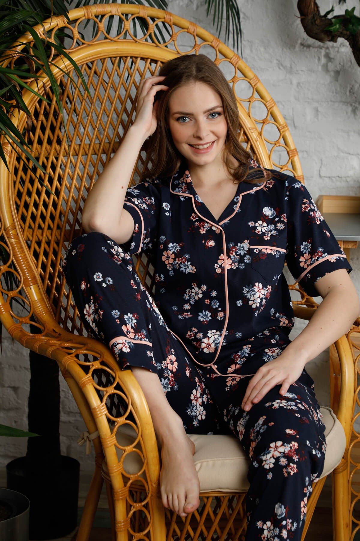 Düğmeli Kısa Kol Pijama Takımı Lacivert