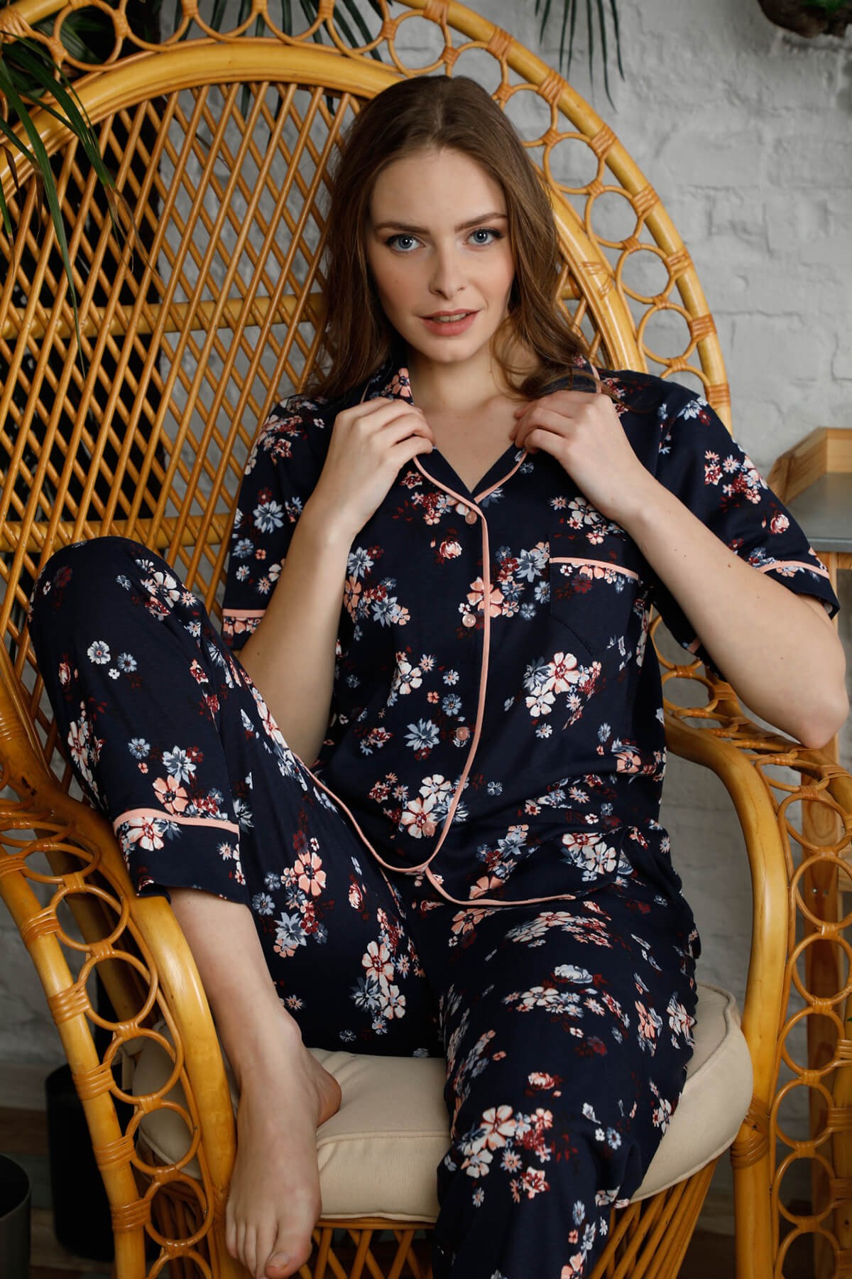 Düğmeli Kısa Kol Pijama Takımı Lacivert