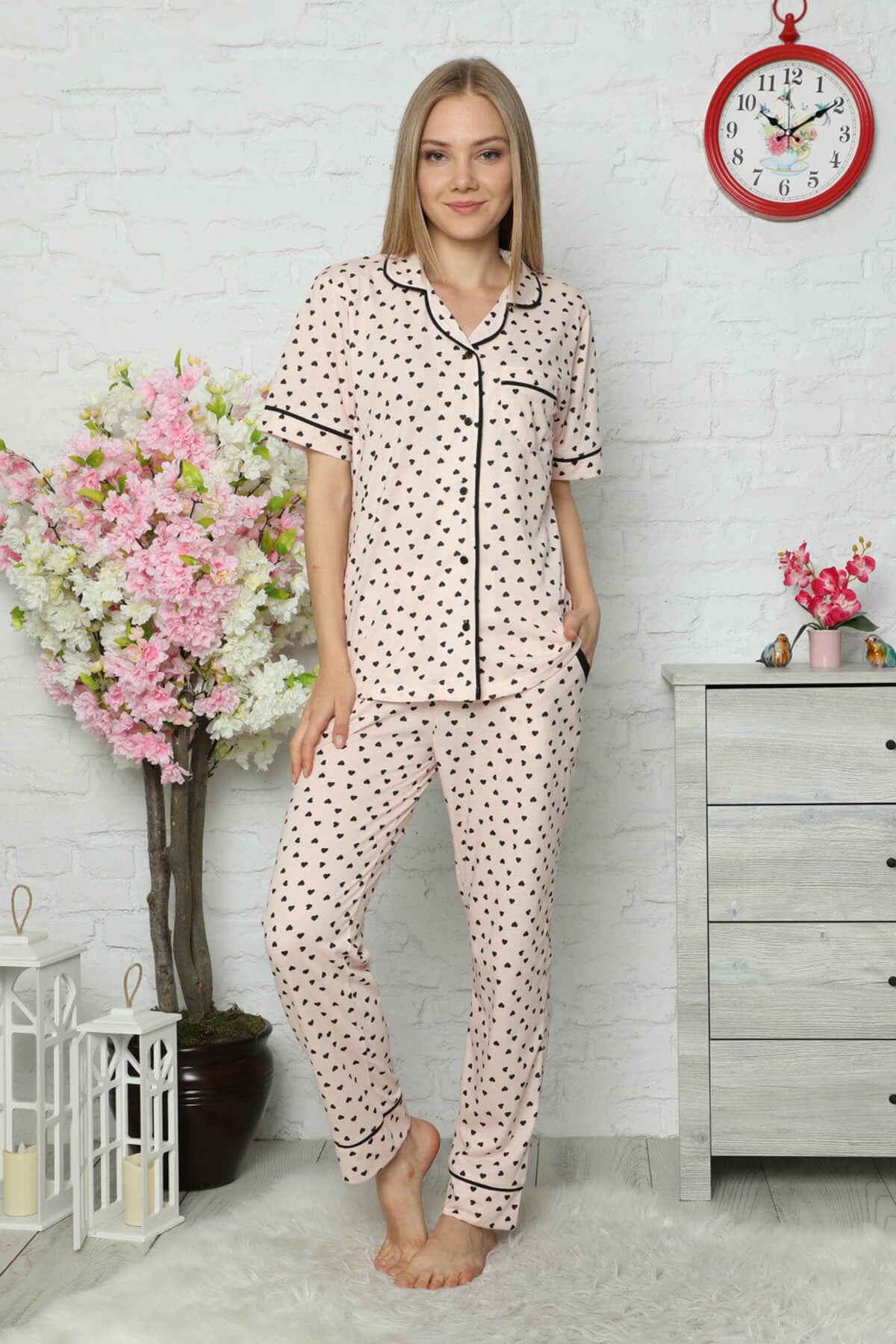 Düğmeli Kısa Kol Pijama Takımı Pudra