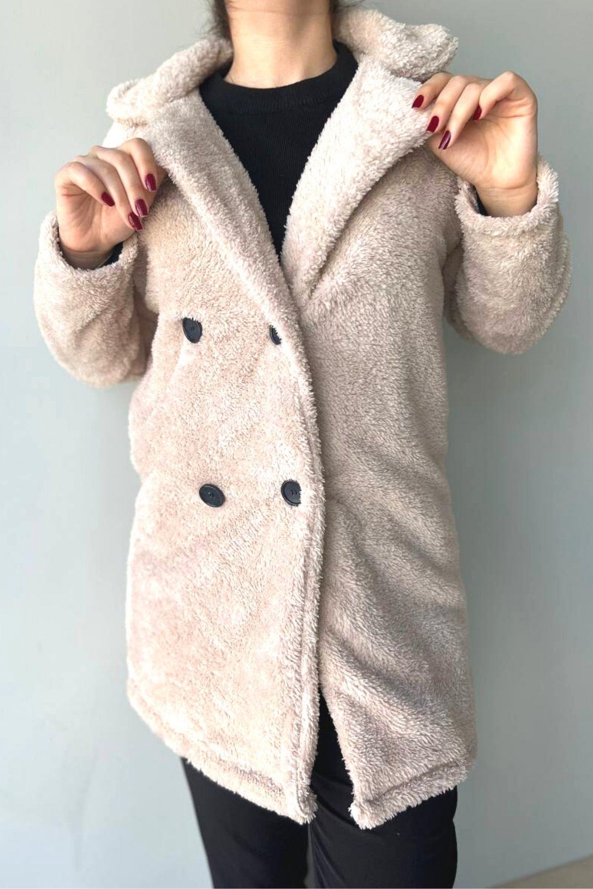 Düğmeli Peluş Mont Bej