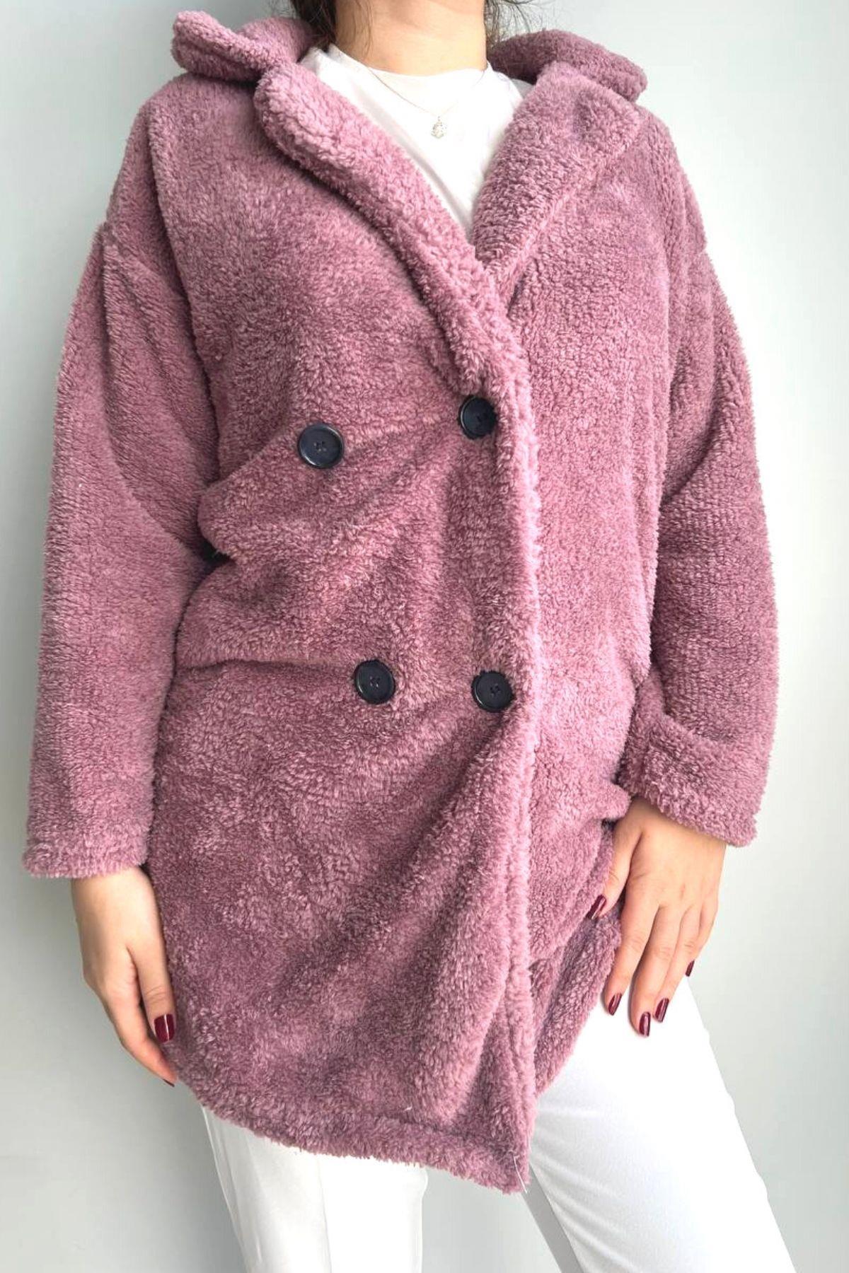 Düğmeli Peluş Mont Lila
