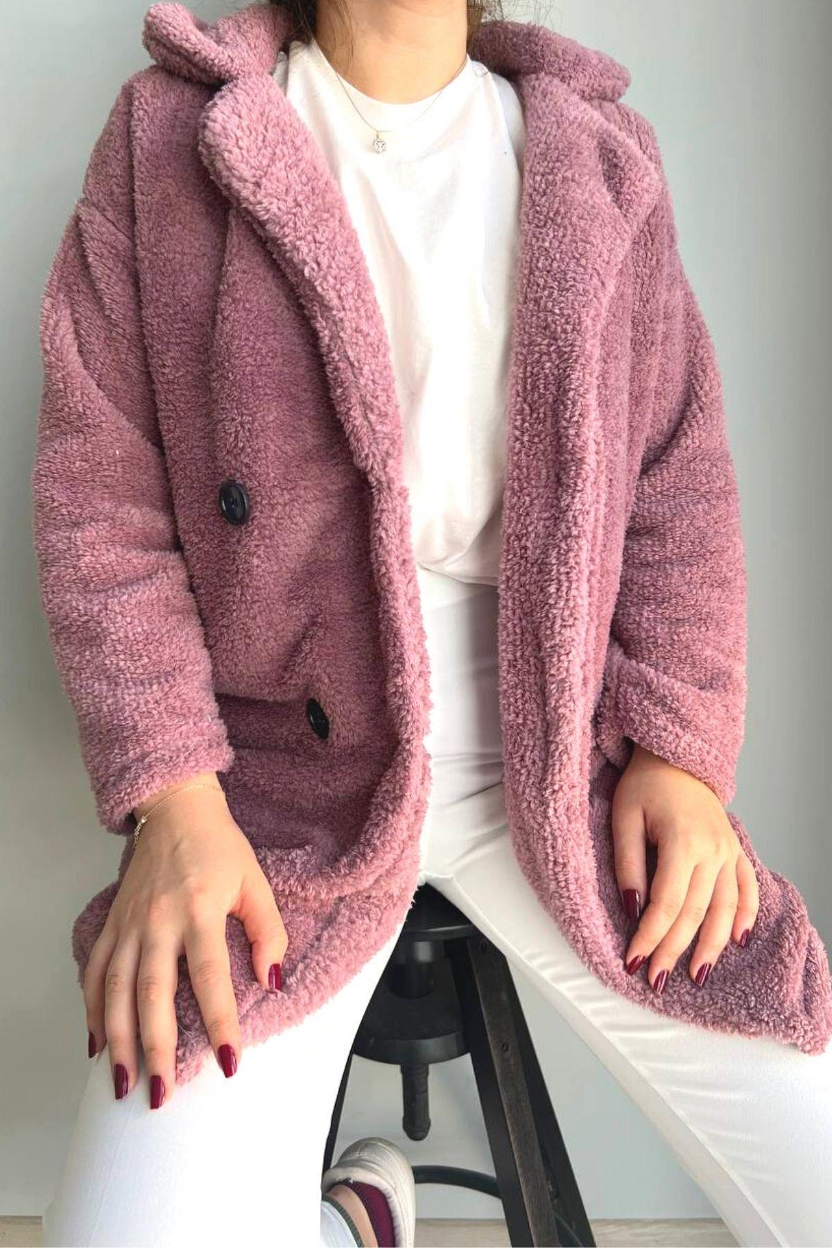 Düğmeli Peluş Mont Lila