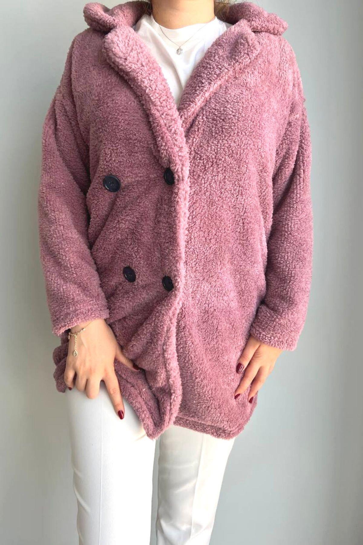 Düğmeli Peluş Mont Lila