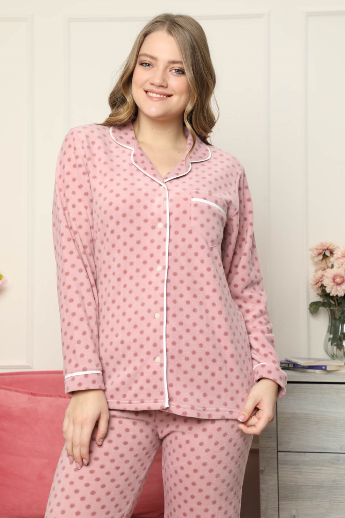 Düğmeli Polar Pijama Takımı Gül
