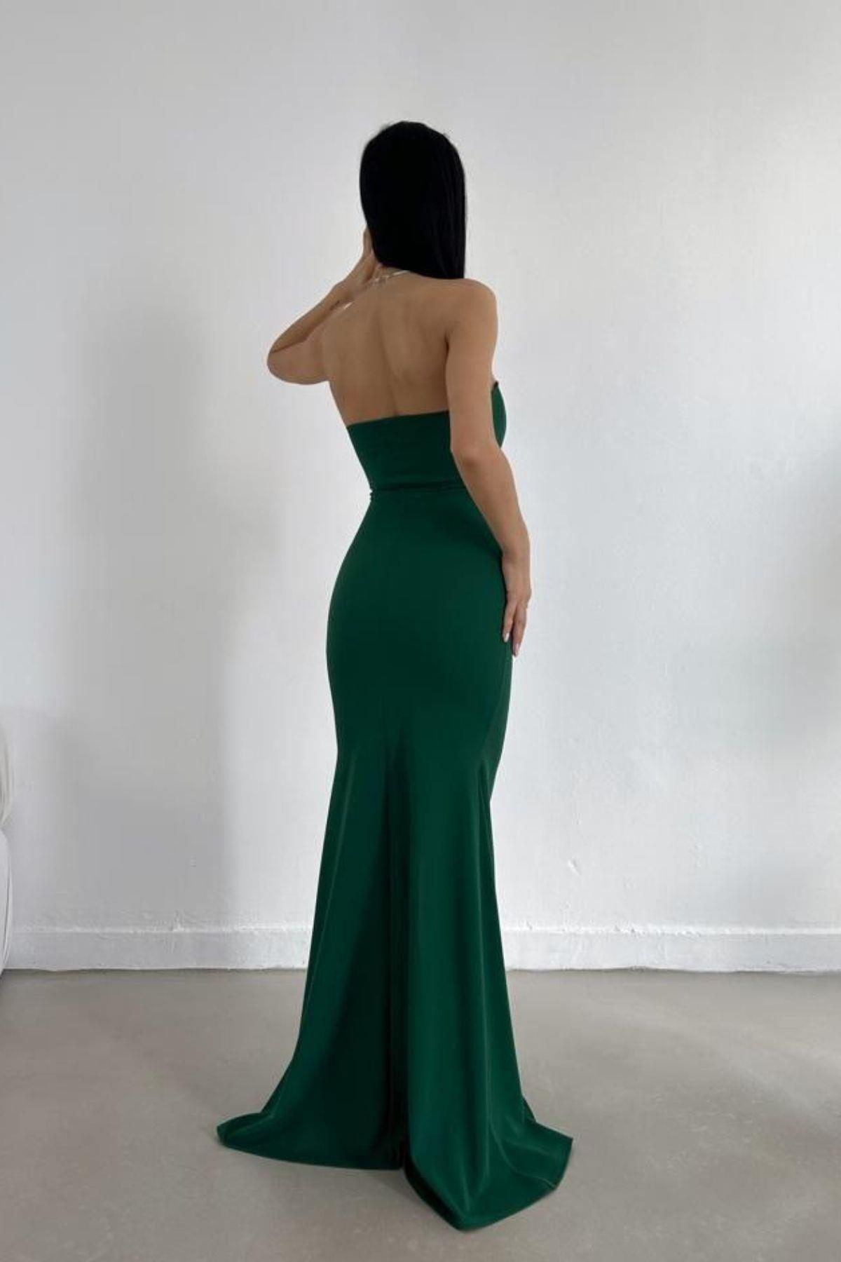 Düğmeli Straplez Yaka Yırtmaçlı Balık Fashion Abiye Elbise