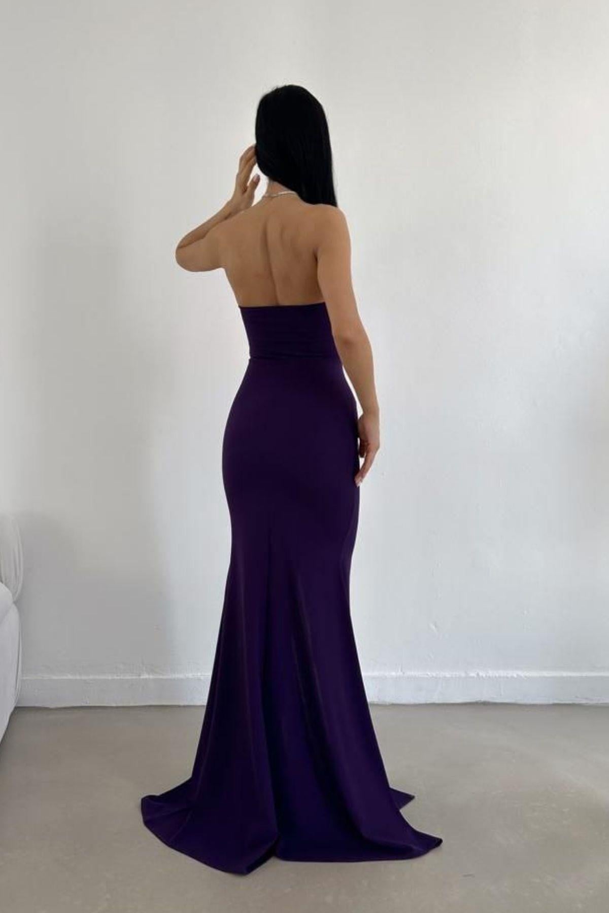 Düğmeli Straplez Yaka Yırtmaçlı Balık Fashion Abiye Elbise