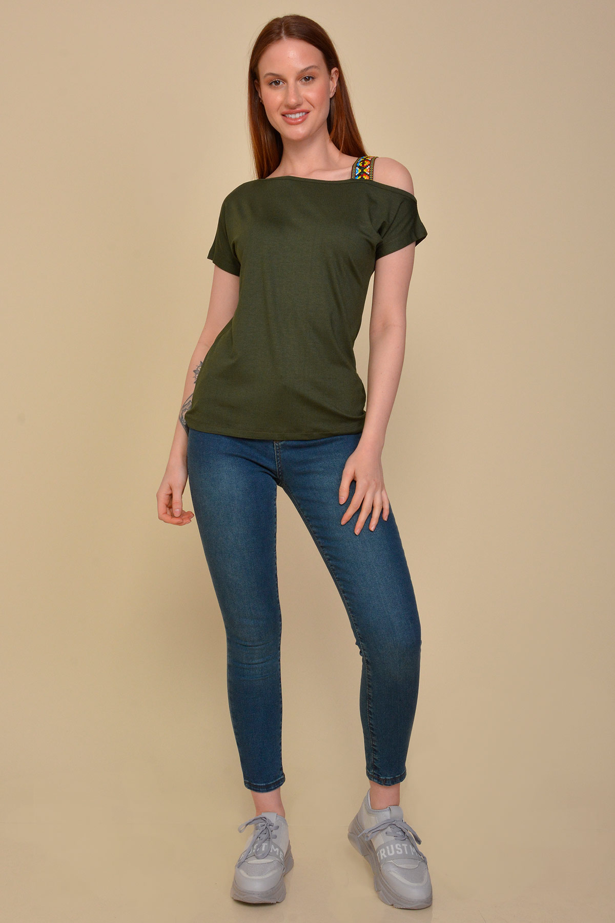 Düşük Omuz Haki T-Shirt