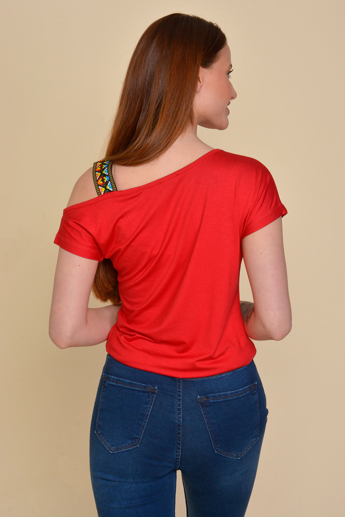 Düşük Omuz Kırmızı T-Shirt