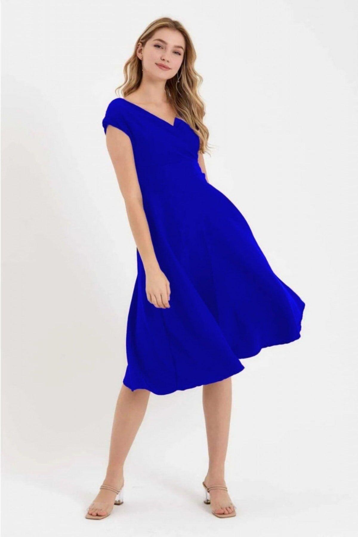 Düşük Omuz Midi Boy Kloş Elbise Saks 8585