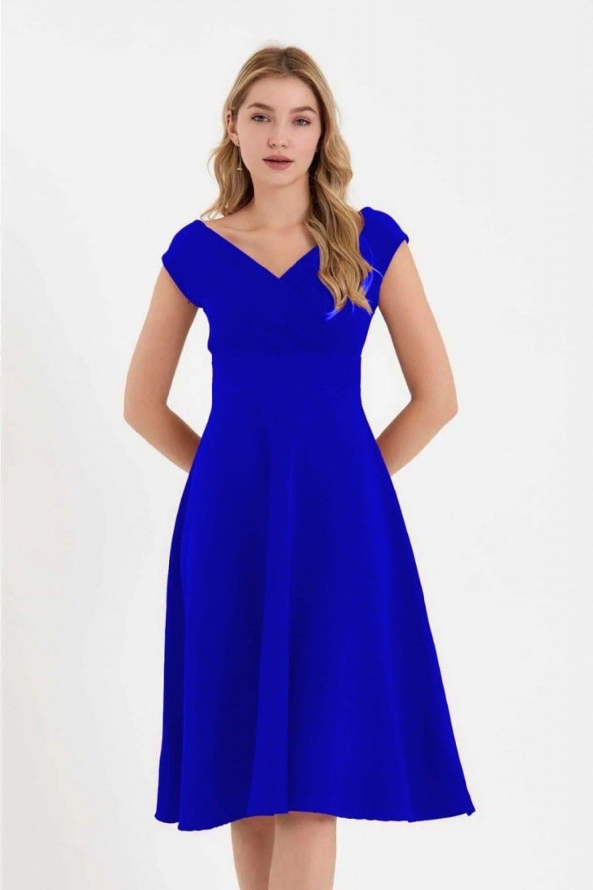 Düşük Omuz Midi Boy Kloş Elbise Saks 8585