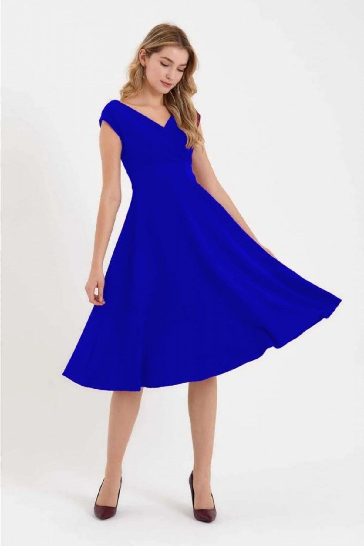 Düşük Omuz Midi Boy Kloş Elbise Saks 8585