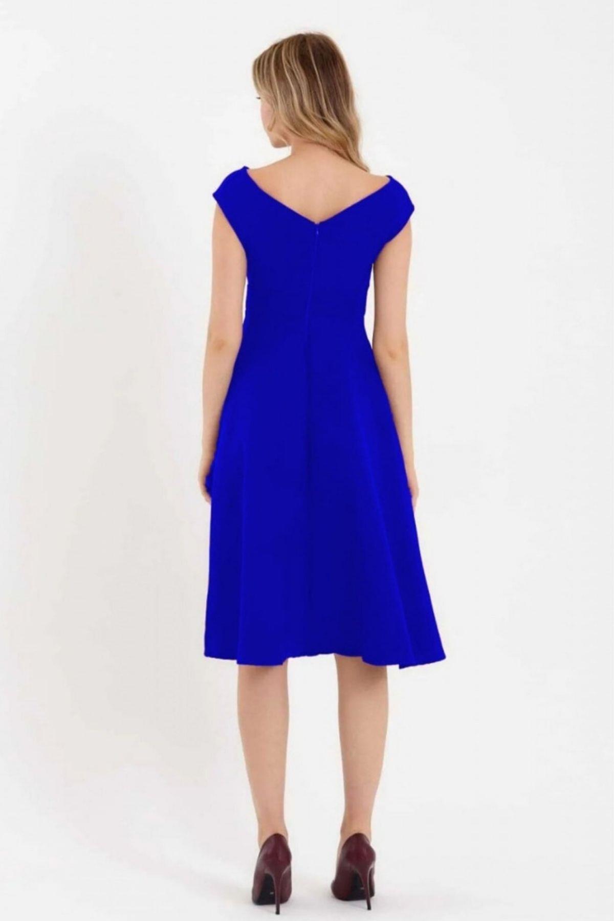 Düşük Omuz Midi Boy Kloş Elbise Saks 8585