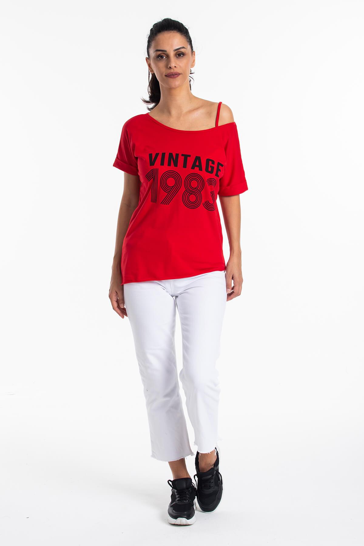 Düşük Omuz Vintage T-Shirt Kırmızı