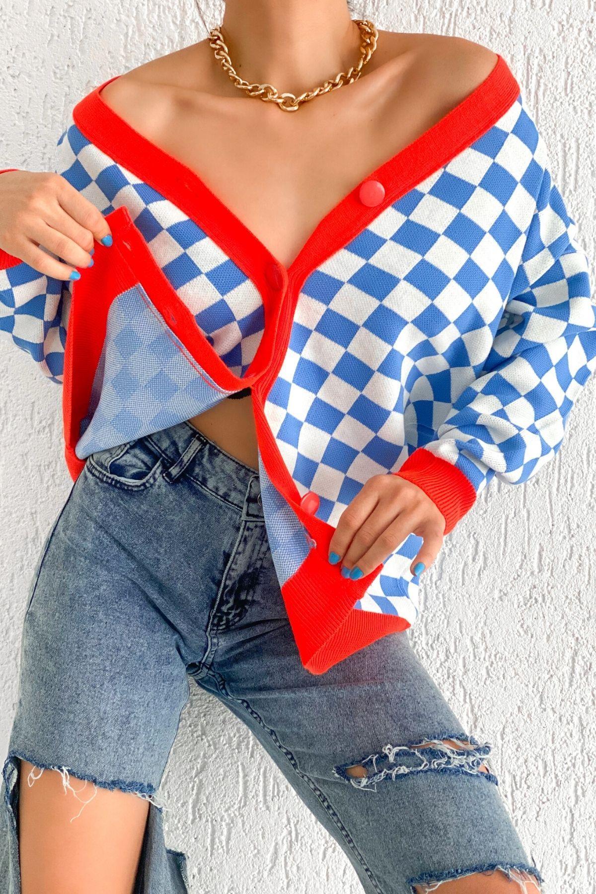 Elena Dama Desenli Düğmeli Hırka Mavi