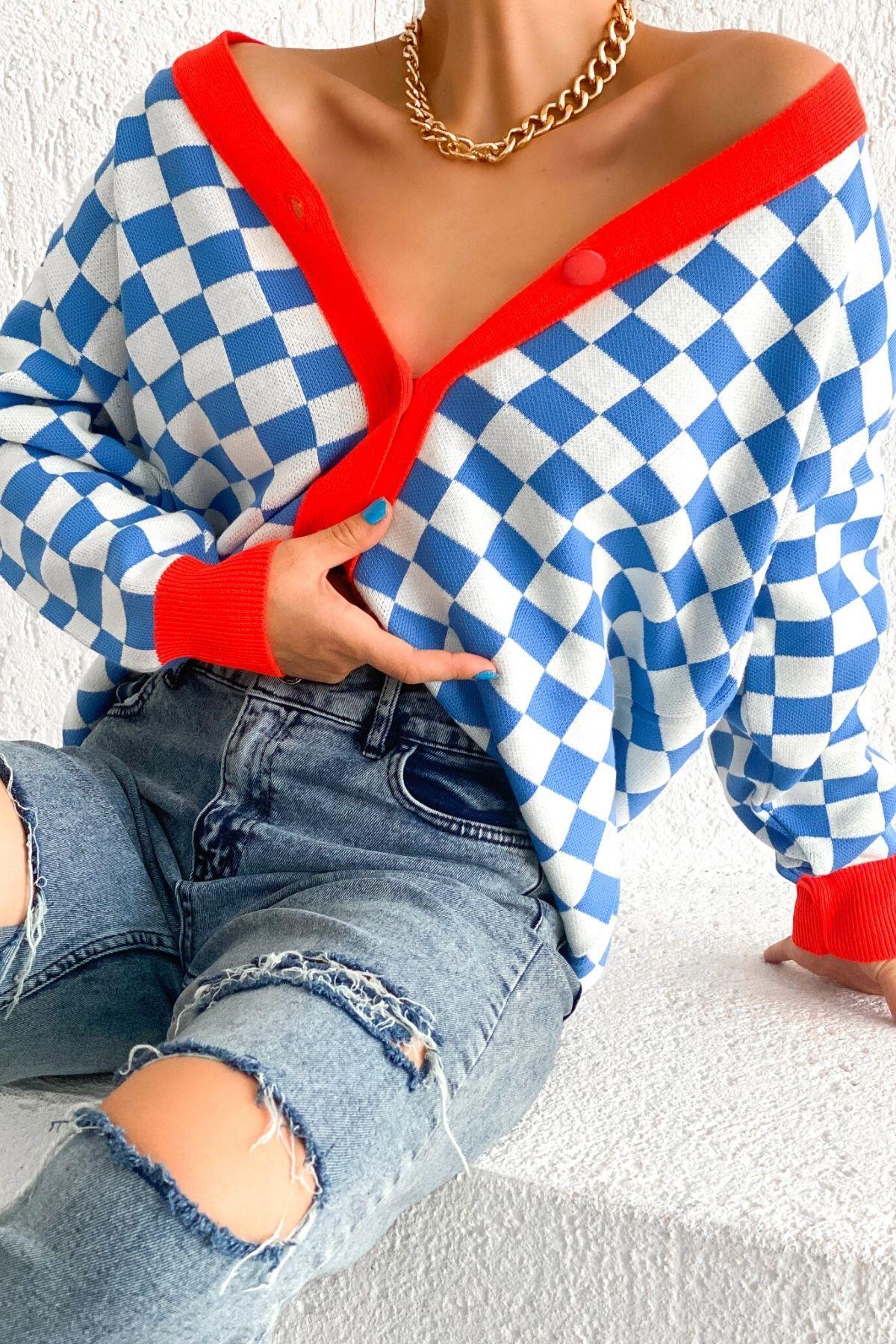 Elena Dama Desenli Düğmeli Hırka Mavi