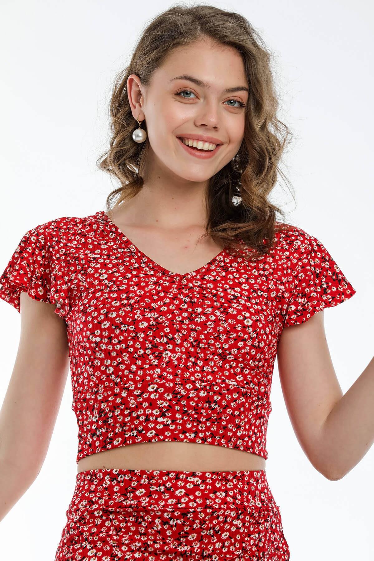 Eteği Yırtmaçlı Crop Takım Kırmızı