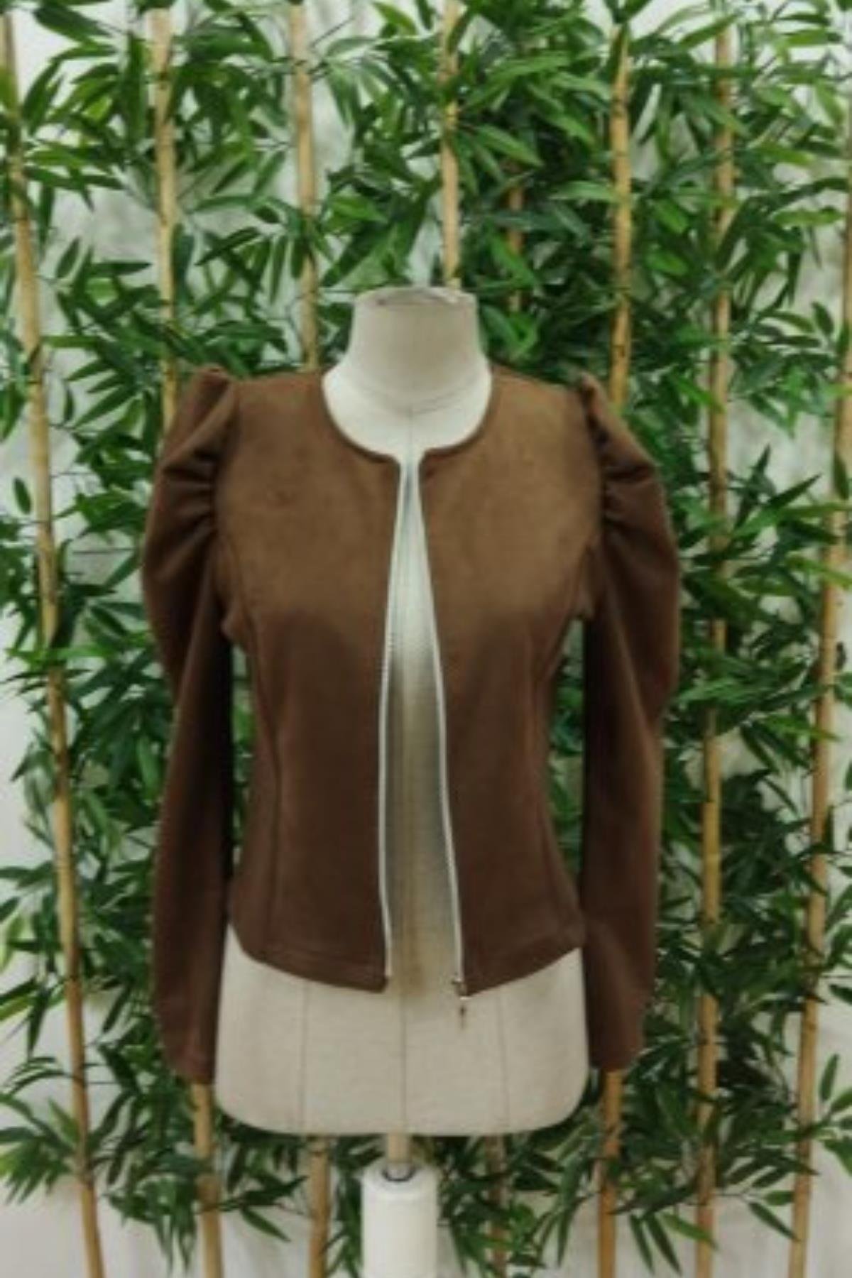 Fermuarlı Balon Kol Süet Ceket - Kahve