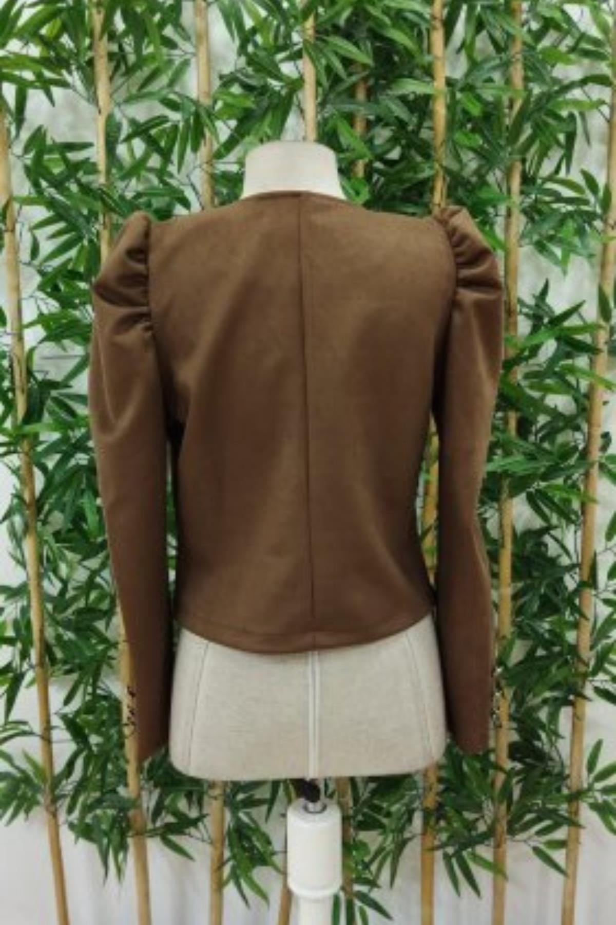 Fermuarlı Balon Kol Süet Ceket - Kahve