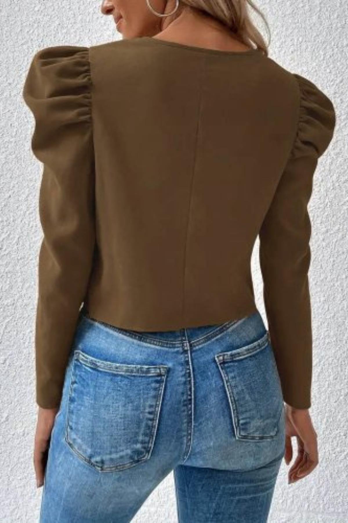 Fermuarlı Balon Kol Süet Ceket - Kahve