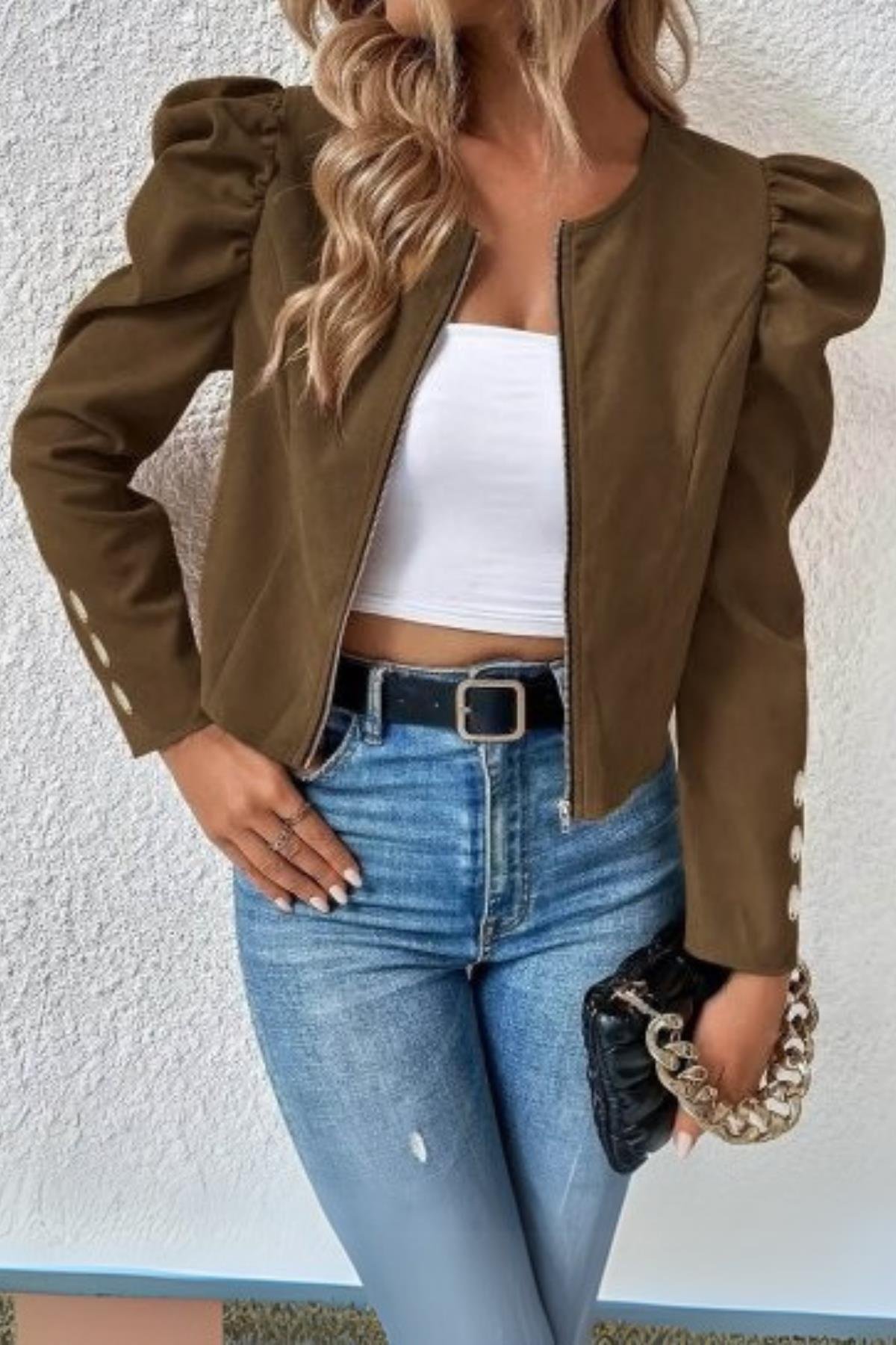Fermuarlı Balon Kol Süet Ceket - Kahve