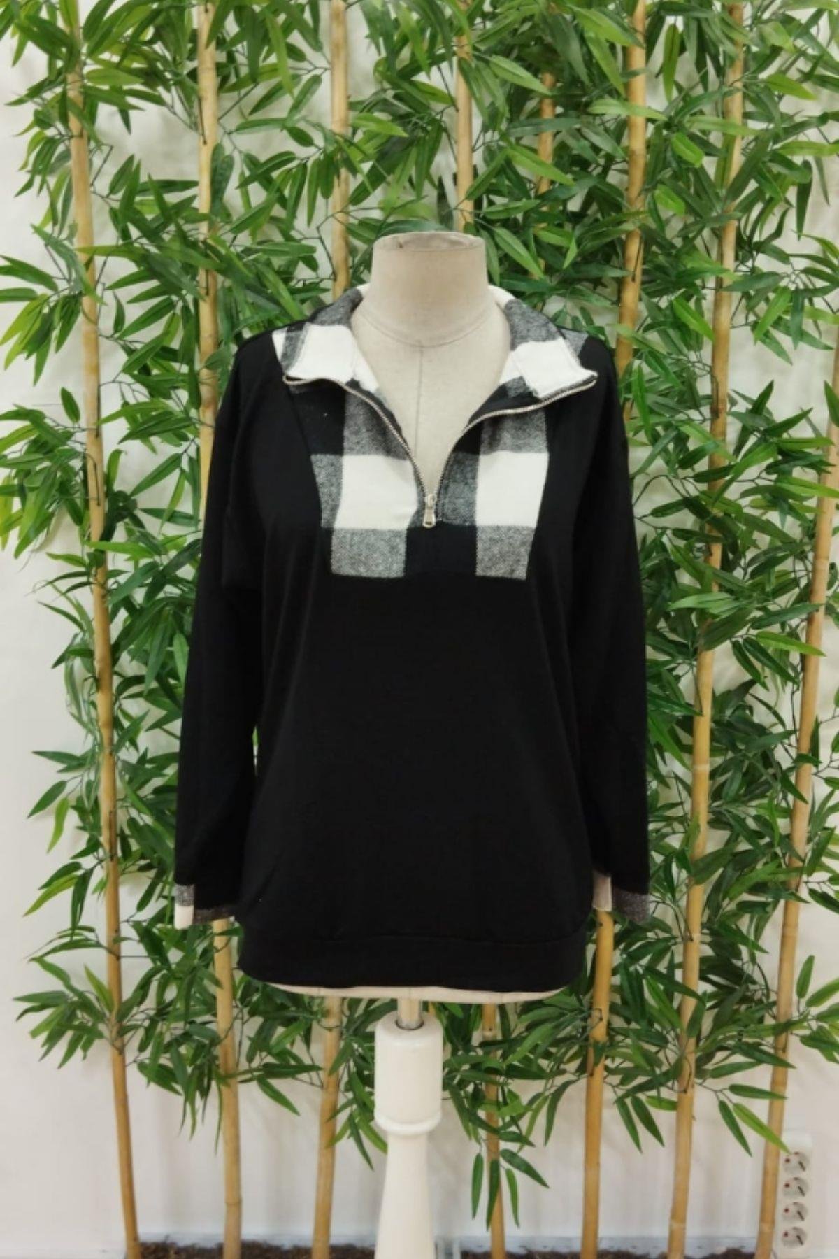 Fermuarlı Ekose Detaylı İki İplik Bluz Siyah