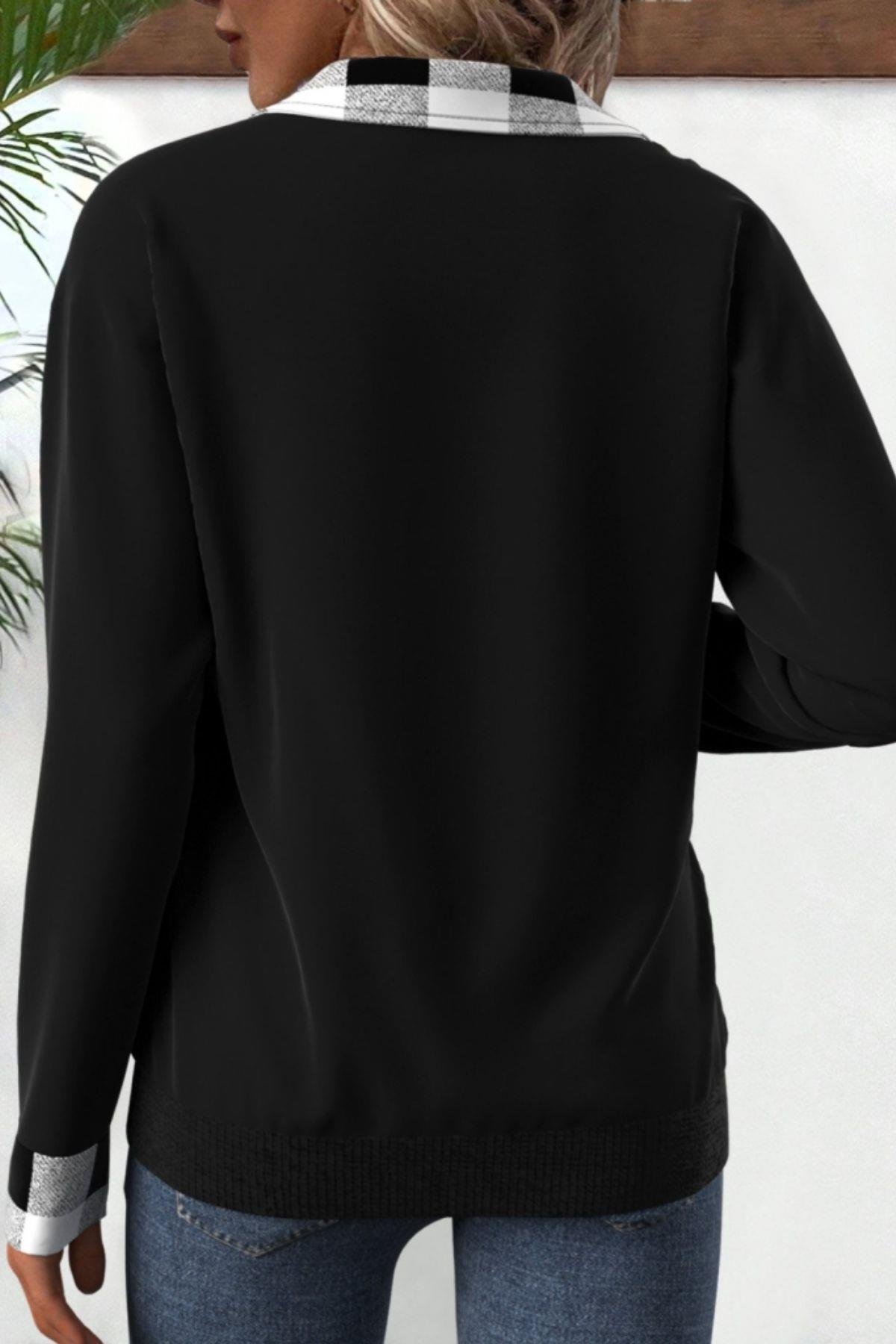 Fermuarlı Ekose Detaylı İki İplik Bluz Siyah