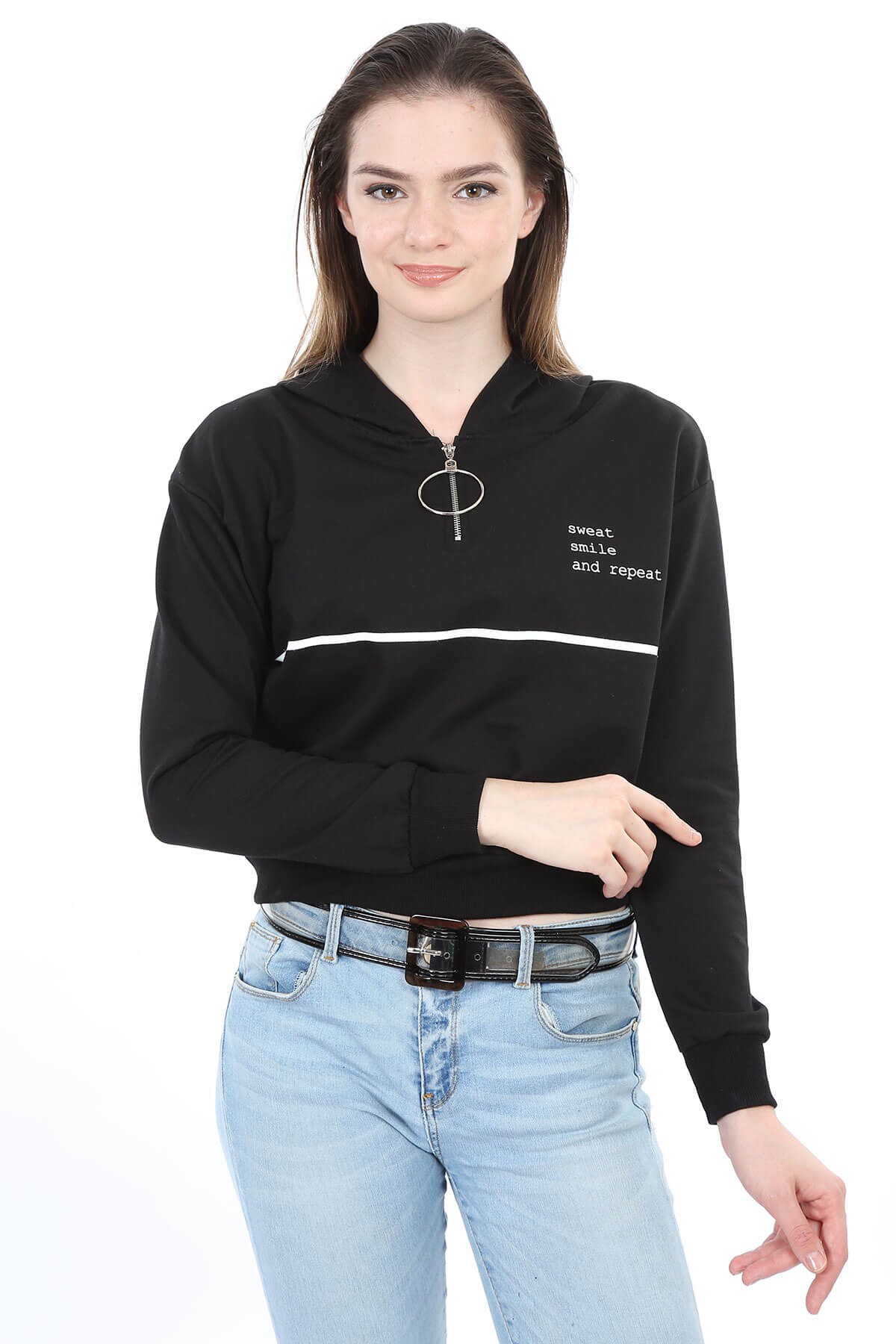 Fermuarlı Kadın Sweatshirt Siyah