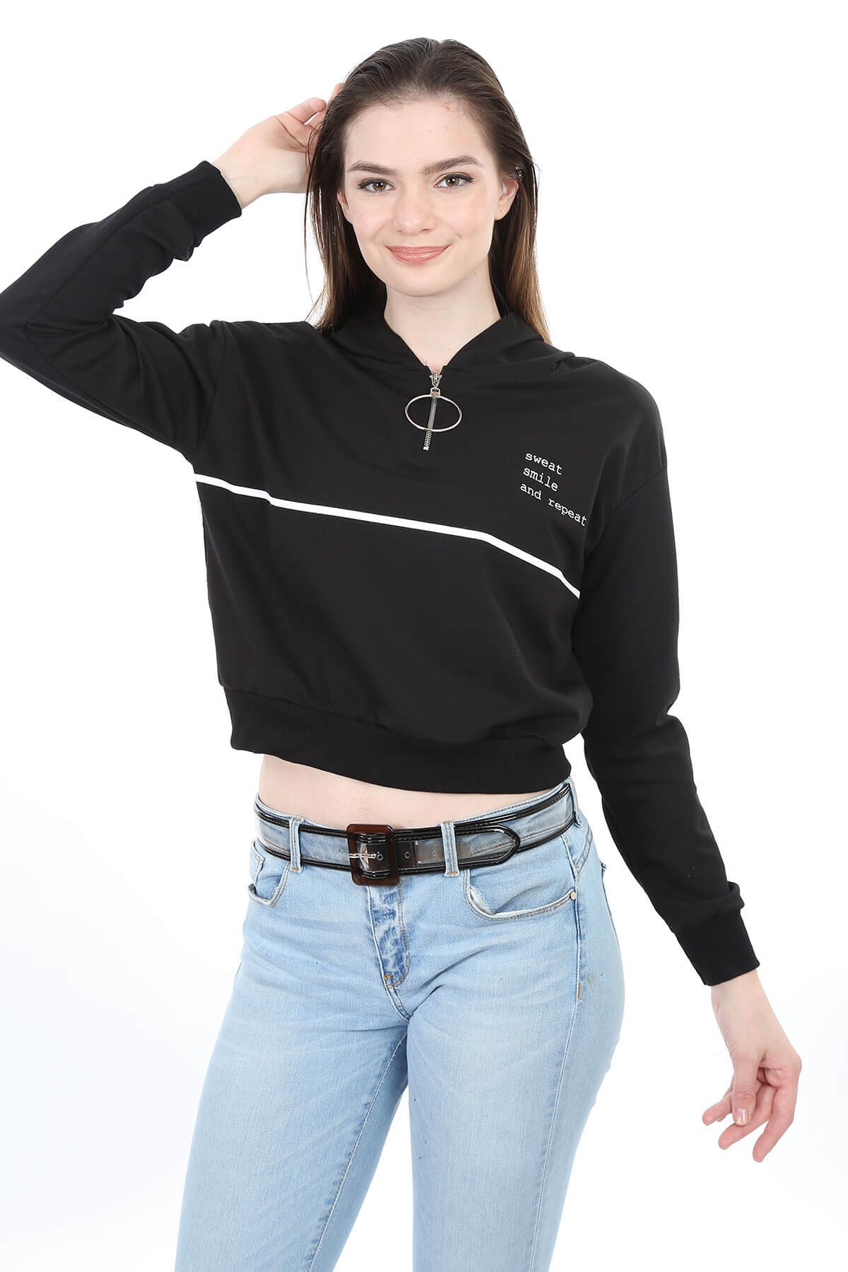 Fermuarlı Kadın Sweatshirt Siyah