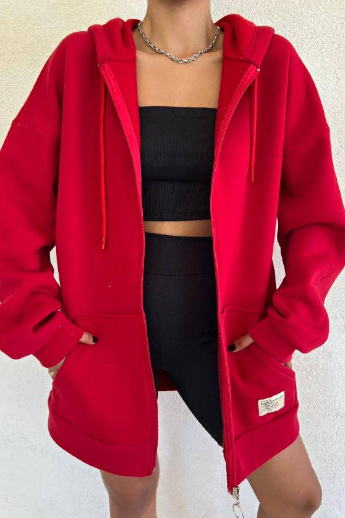 Fermuarlı Kalın Sweatshirt Kırmızı