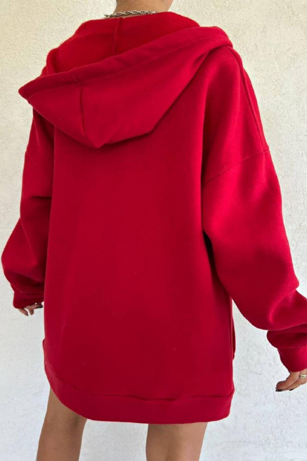 Fermuarlı Kalın Sweatshirt Kırmızı