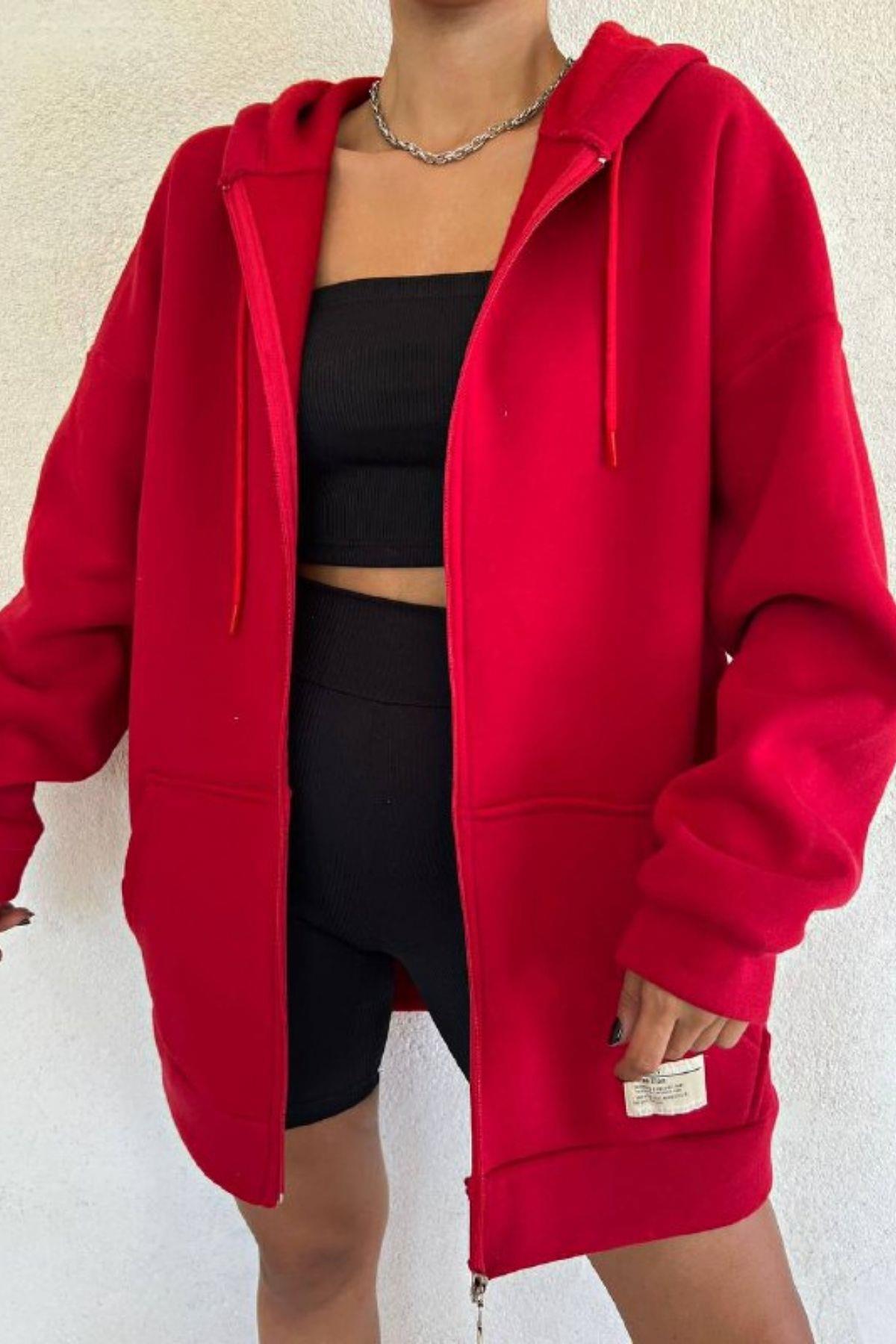 Fermuarlı Kalın Sweatshirt Kırmızı