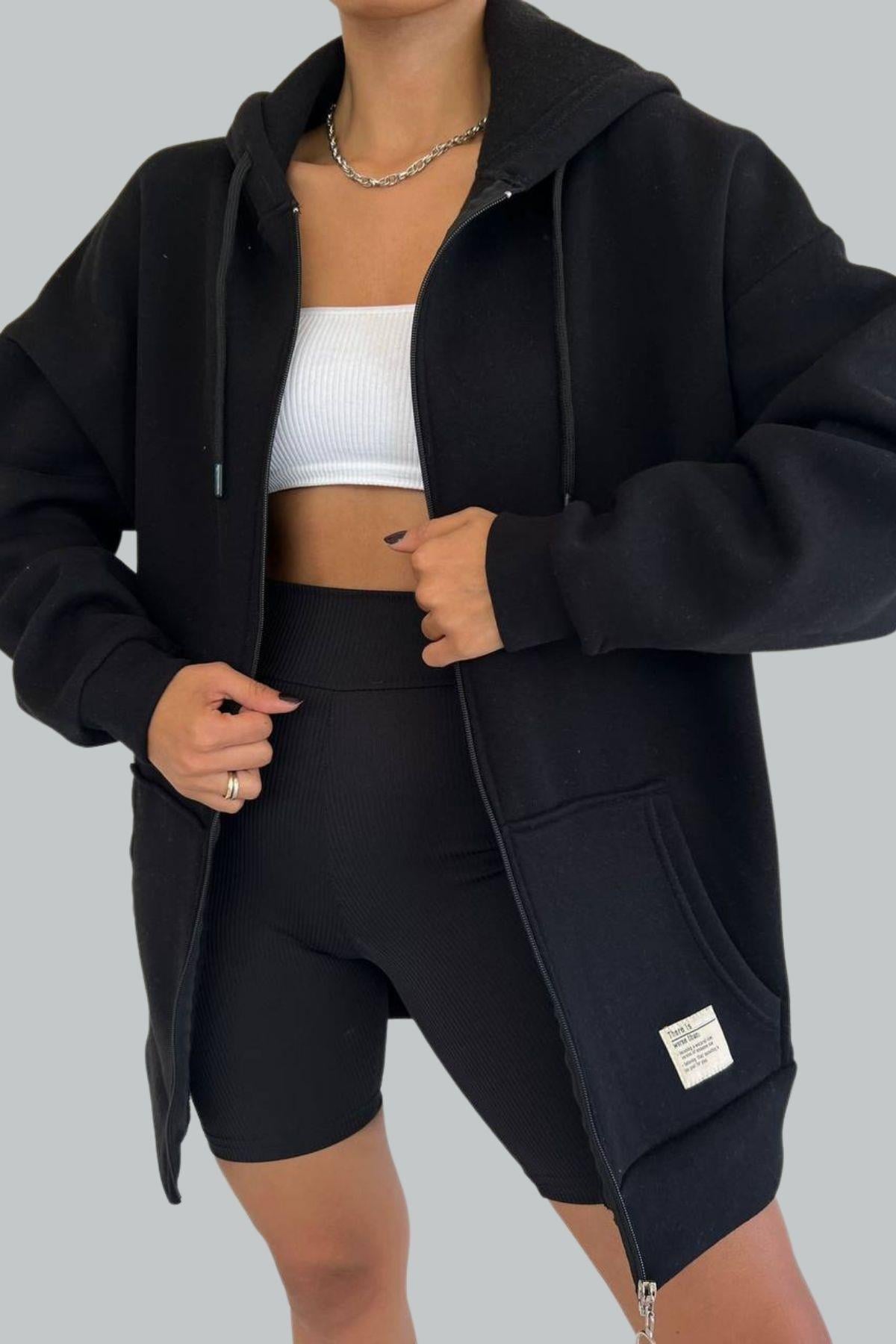 Fermuarlı Kalın Sweatshirt Siyah