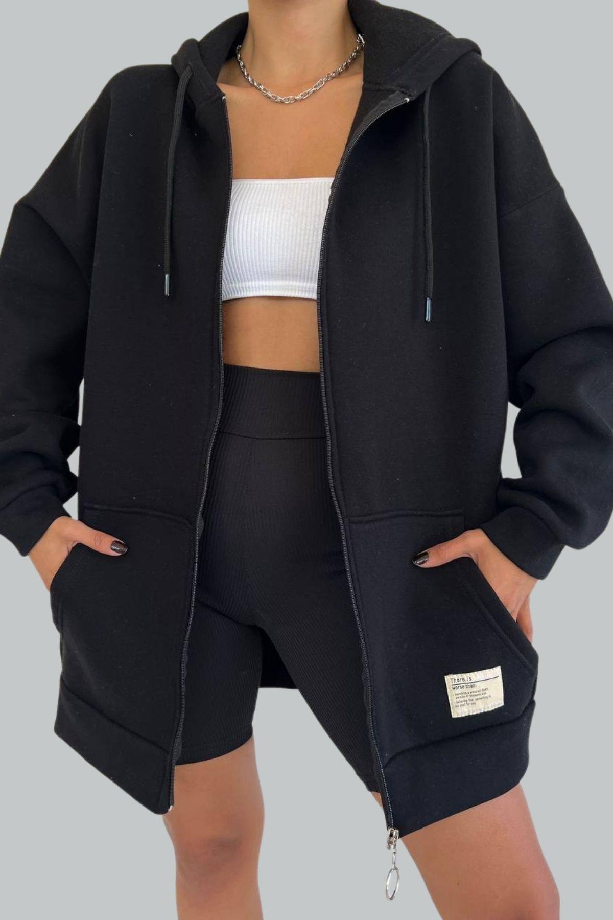 Fermuarlı Kalın Sweatshirt Siyah