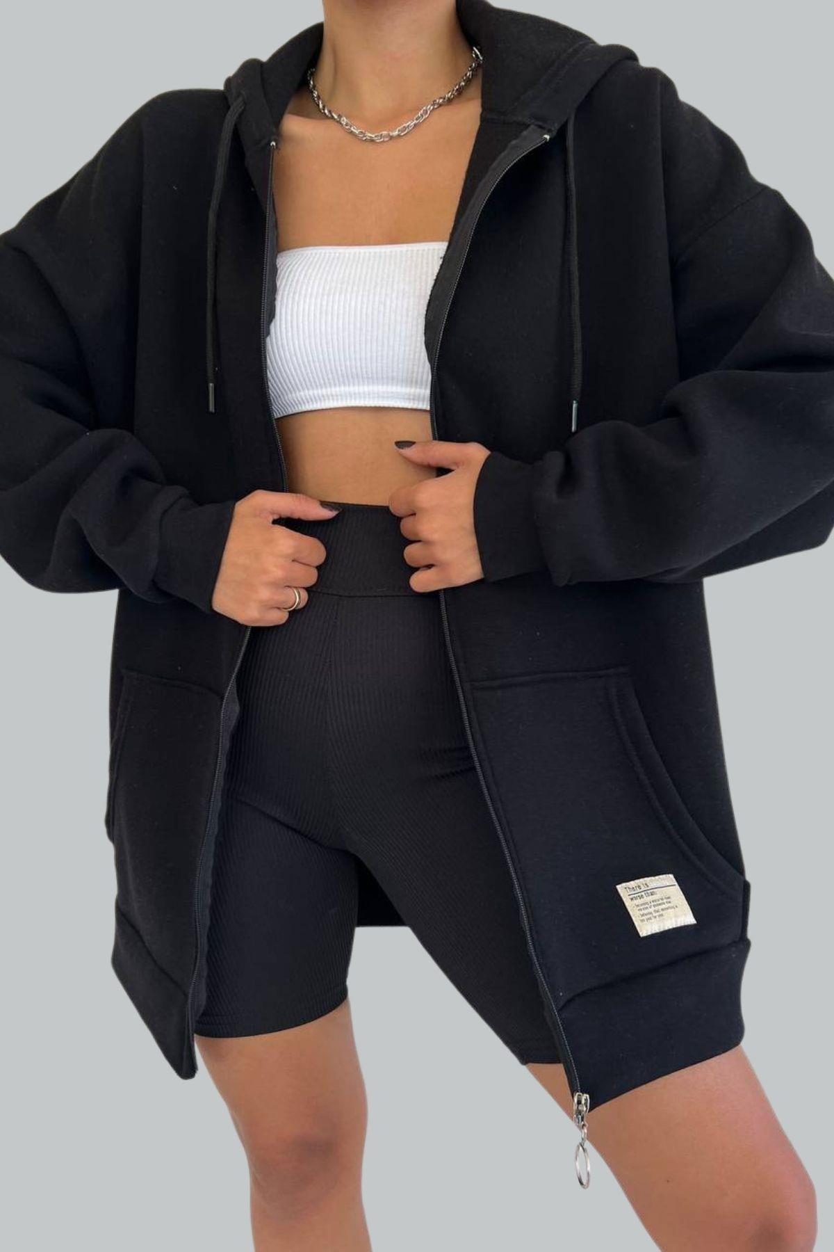 Fermuarlı Kalın Sweatshirt Siyah