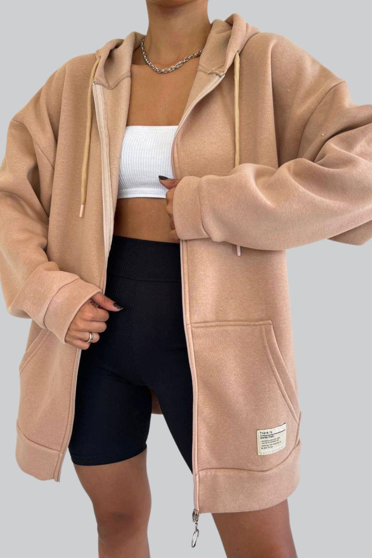 Fermuarlı Kalın Sweatshirt Vizon