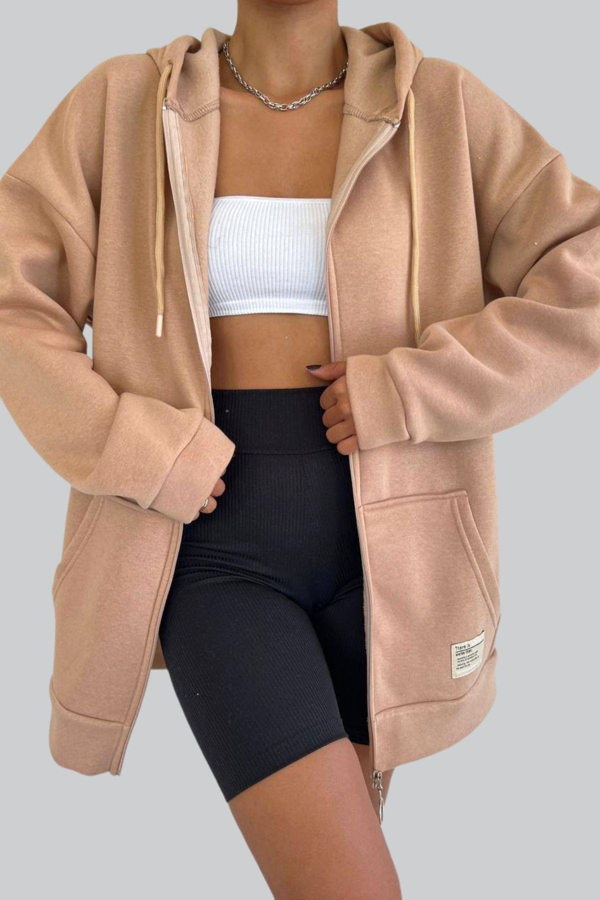 Fermuarlı Kalın Sweatshirt Vizon