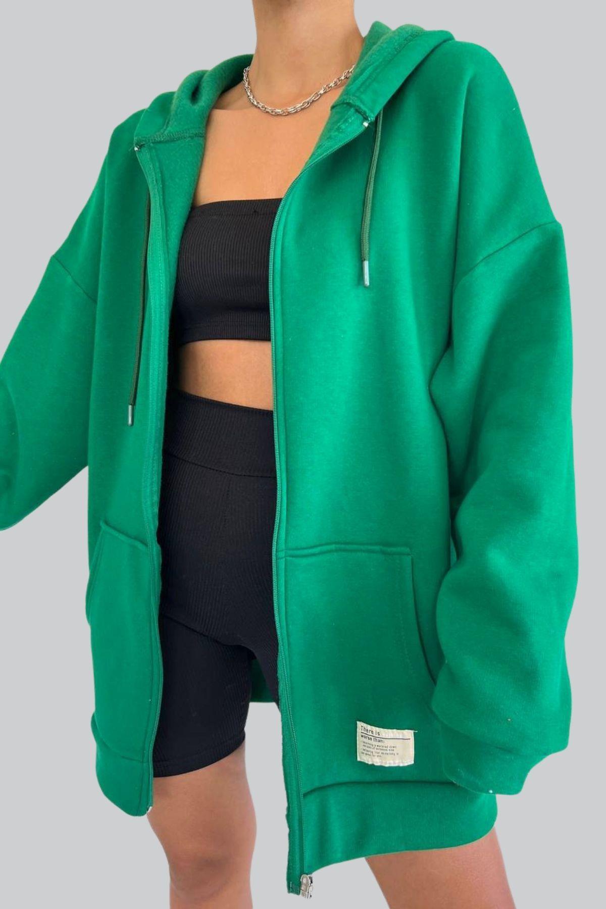 Fermuarlı Kalın Sweatshirt Yeşil