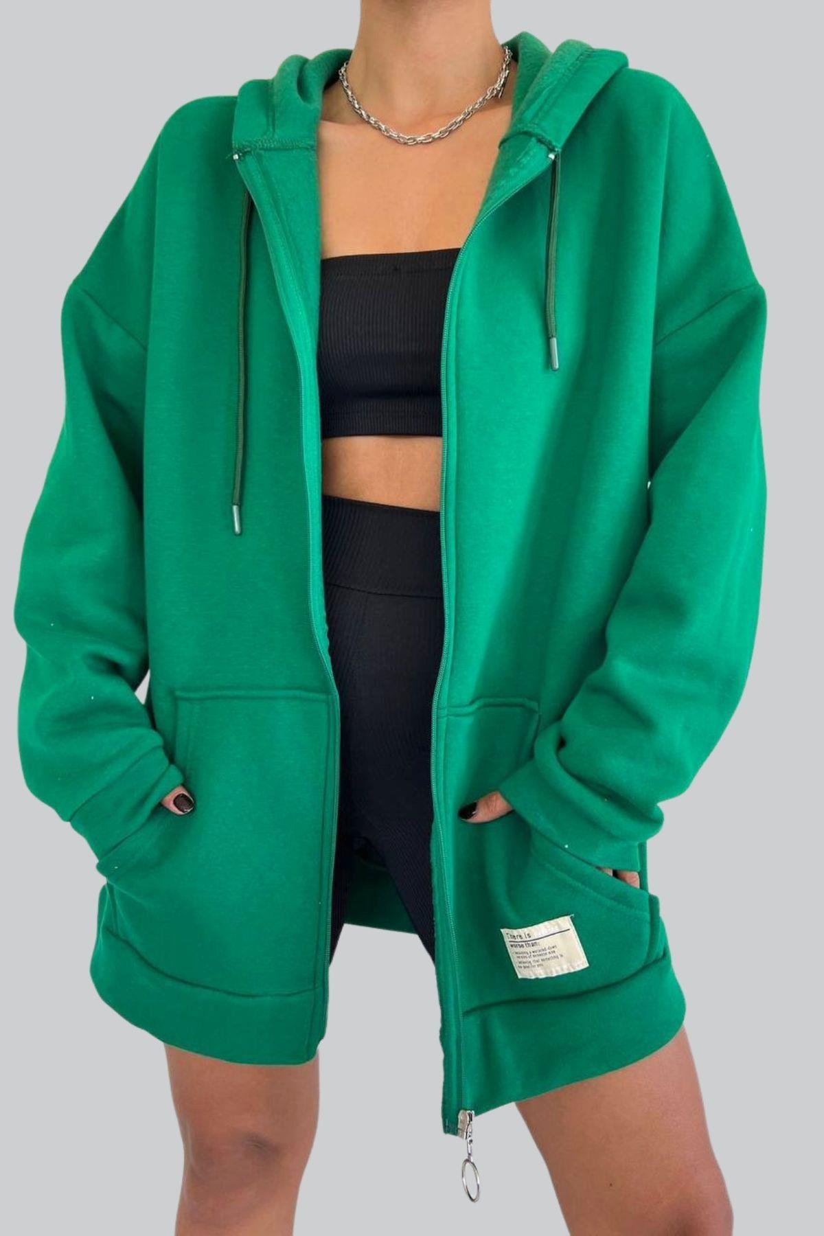 Fermuarlı Kalın Sweatshirt Yeşil