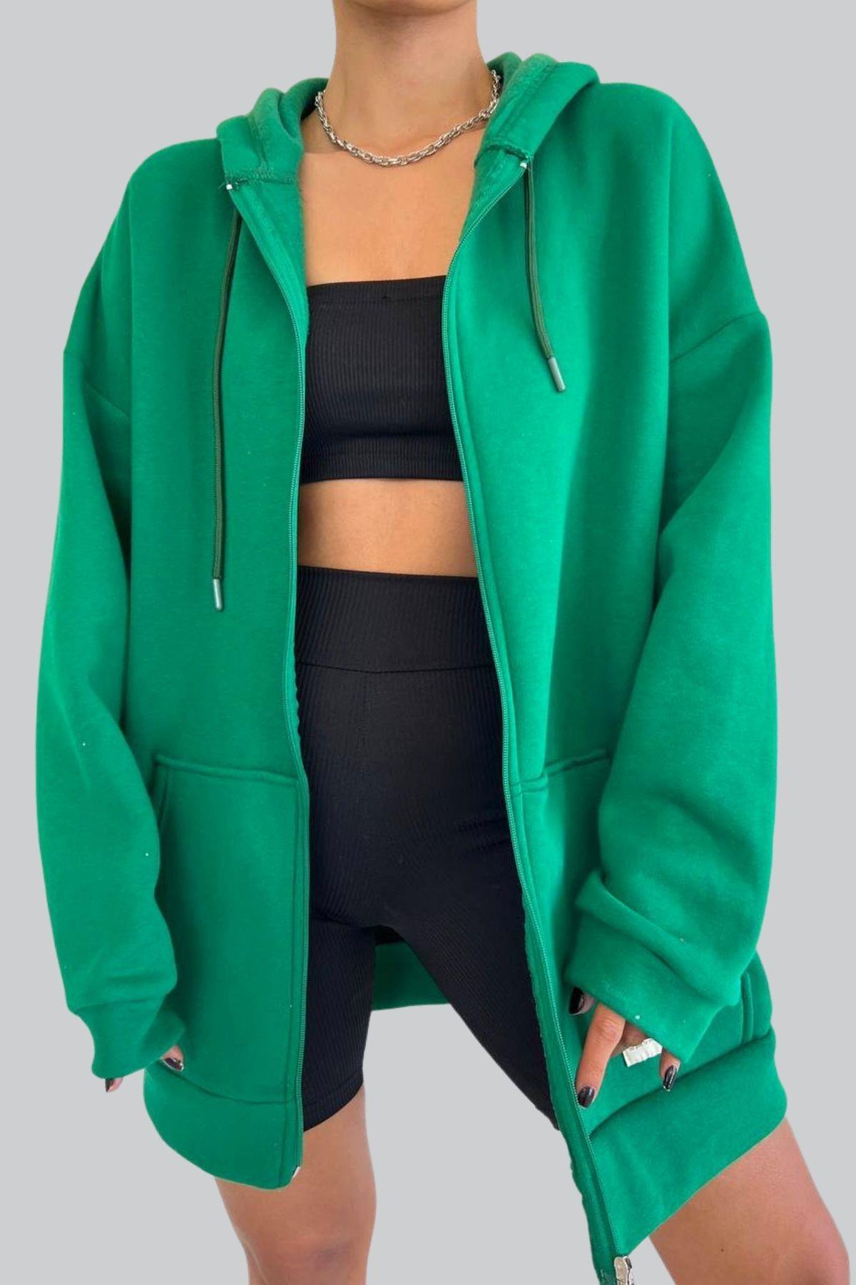 Fermuarlı Kalın Sweatshirt Yeşil
