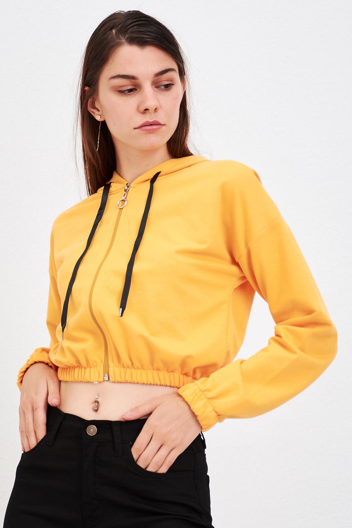 Fermuarlı Kapüşonlu Sweat Hardal