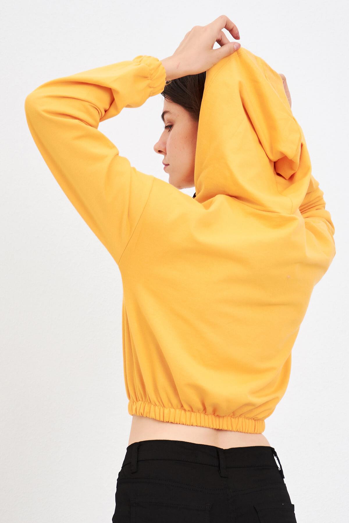 Fermuarlı Kapüşonlu Sweat Hardal
