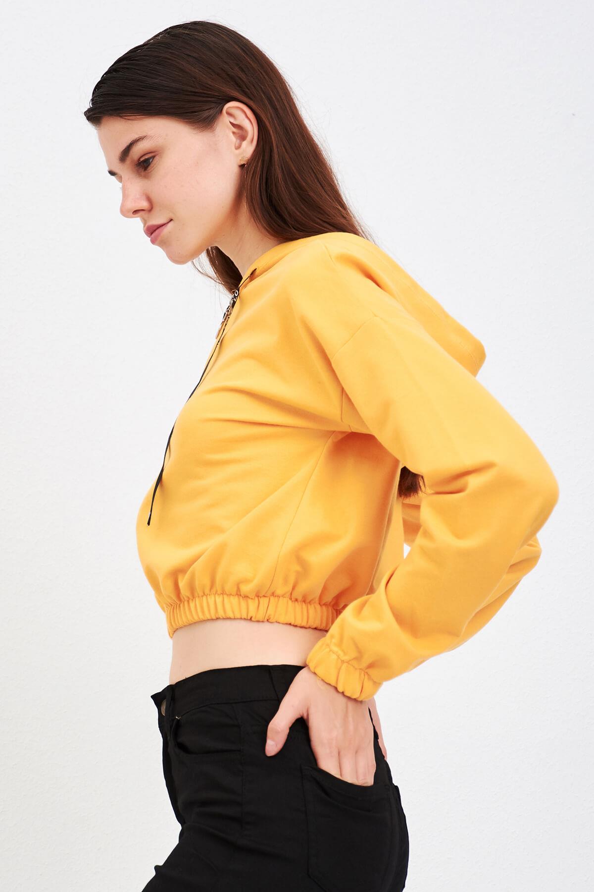 Fermuarlı Kapüşonlu Sweat Hardal