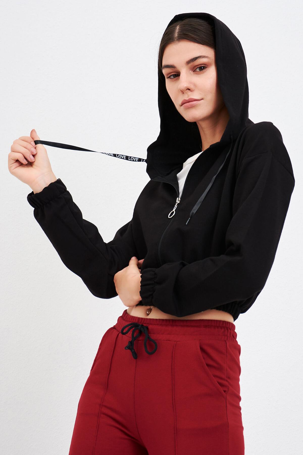 Fermuarlı Kapüşonlu Sweat Siyah