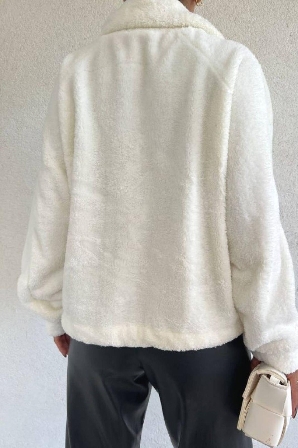 Fermuarlı Peluş Hırka Ekru