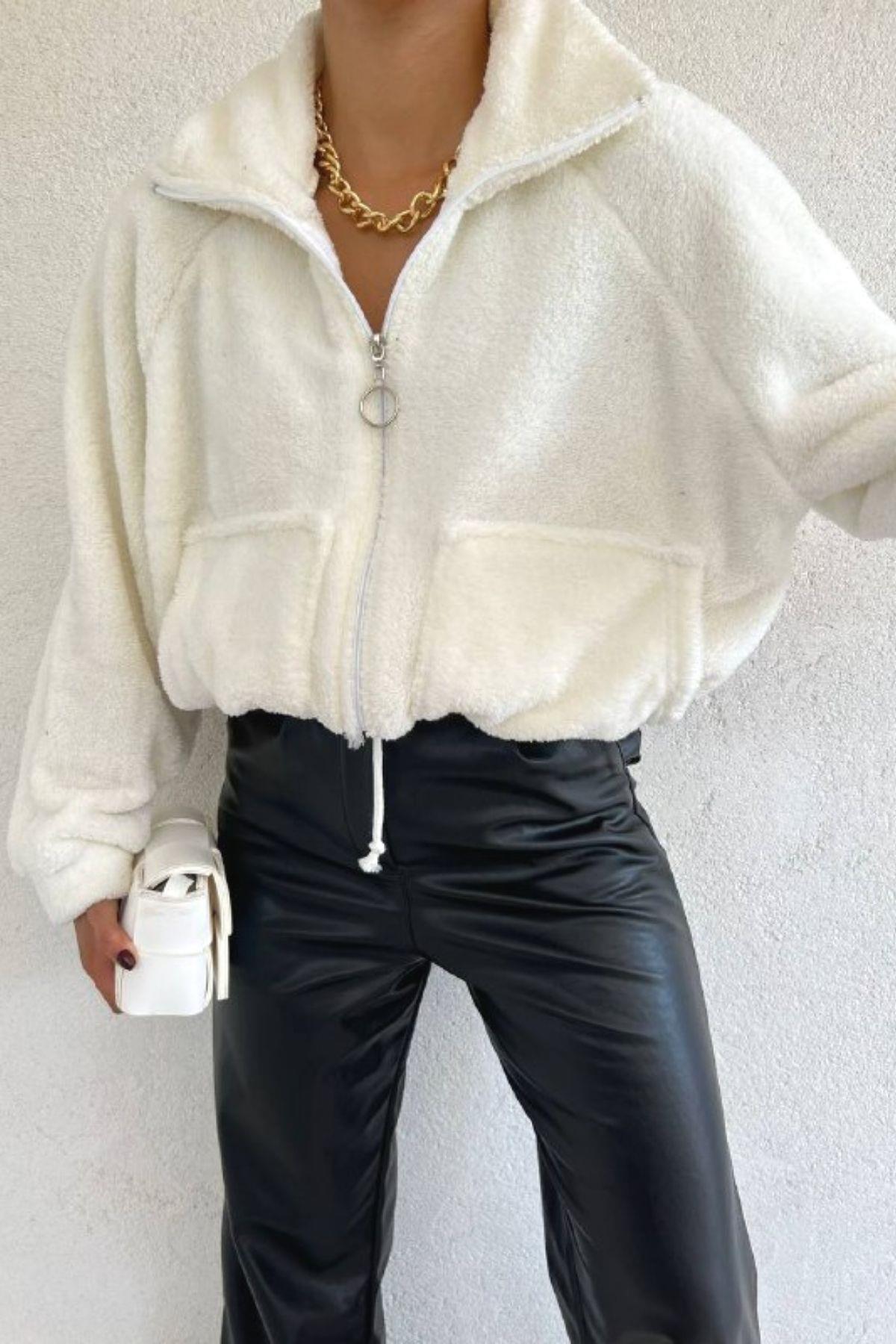 Fermuarlı Peluş Hırka Ekru